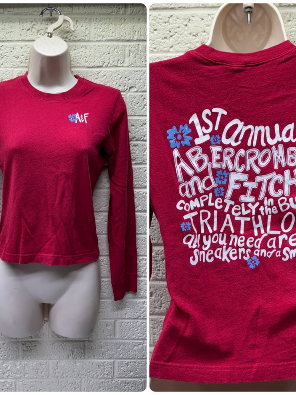 VTG‼ Y2K ABERCROMBIE & FITCH Sz S Red Long Sleeve Graphic Buff Triathlon • EX‼